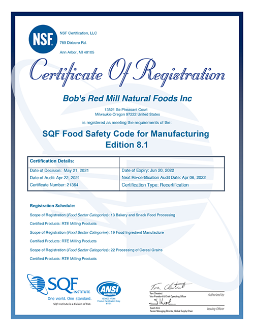 SQF Certificate of Registration - Bob's Red Mill Natural Foods Inc.