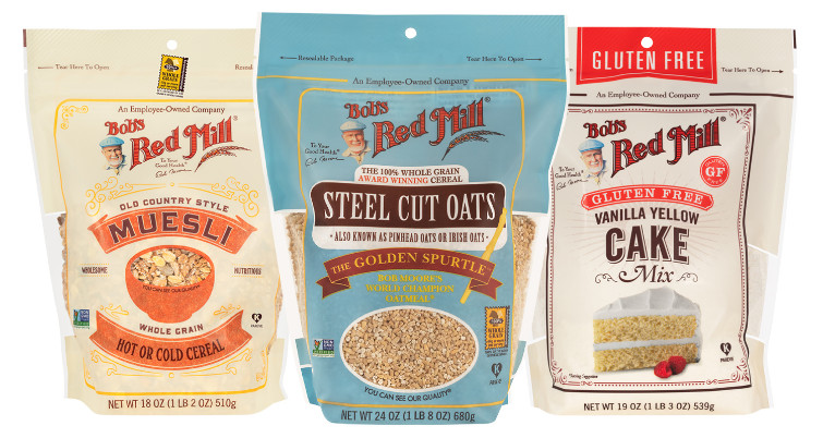 Group photo of Bob's Red Mill Old Country Style Muesli, Steel Cut Oats, and Gluten Free Vanilla Yellow Cake Mix packages
